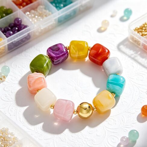 YUJIE Chunky Beaded Bracelet for Women - Colorful Resin Square Bead Bracelets with Gold Ball, Trendy Boho Stretch Bangle, Cute Summer Statement Jewelry in Kuwait