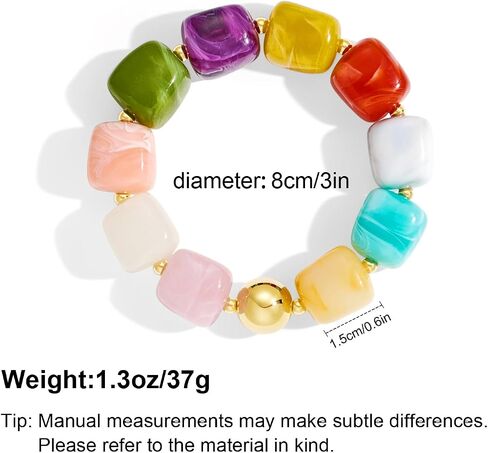 YUJIE Chunky Beaded Bracelet for Women - Colorful Resin Square Bead Bracelets with Gold Ball, Trendy Boho Stretch Bangle, Cute Summer Statement Jewelry in Kuwait