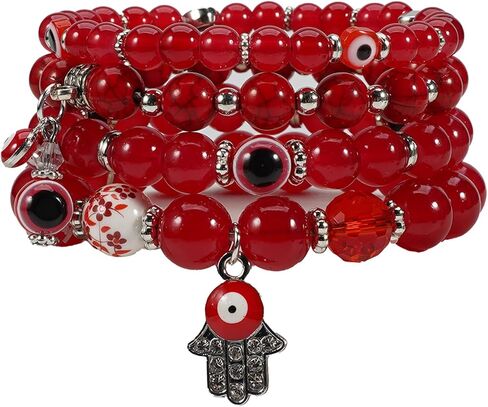 4-Pack Evil Eye Bracelets for Women & Men, Black Obsidian & Sandalwood Bead Stretch Bracelets for Protection & Healing Crystal Gift Jewelry (red) in Saudi Arabia