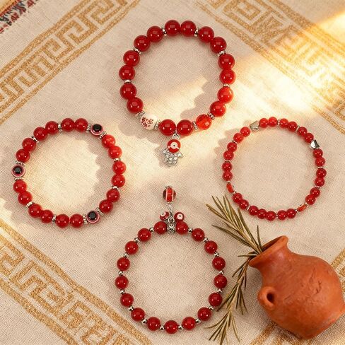 4-Pack Evil Eye Bracelets for Women & Men, Black Obsidian & Sandalwood Bead Stretch Bracelets for Protection & Healing Crystal Gift Jewelry (red) in Saudi Arabia