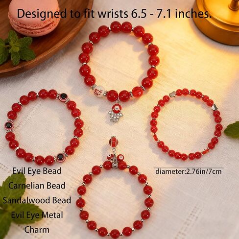 4-Pack Evil Eye Bracelets for Women & Men, Black Obsidian & Sandalwood Bead Stretch Bracelets for Protection & Healing Crystal Gift Jewelry (red) in Saudi Arabia