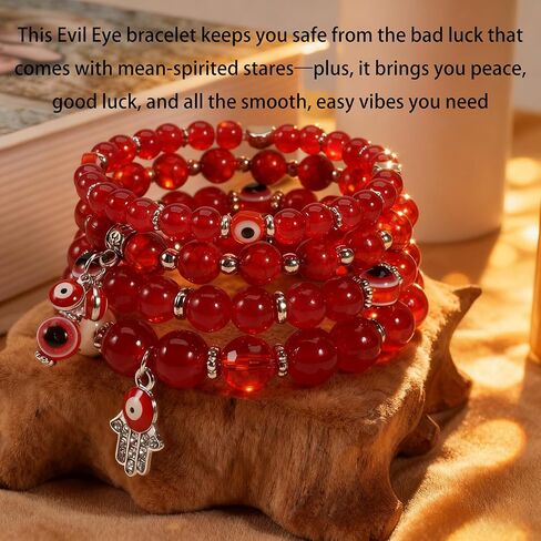 4-Pack Evil Eye Bracelets for Women & Men, Black Obsidian & Sandalwood Bead Stretch Bracelets for Protection & Healing Crystal Gift Jewelry (red) in Saudi Arabia