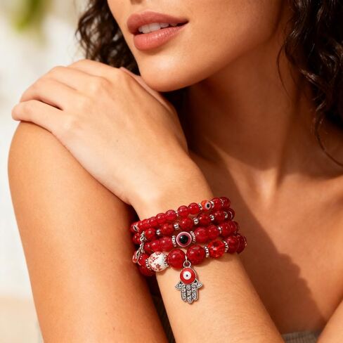 4-Pack Evil Eye Bracelets for Women & Men, Black Obsidian & Sandalwood Bead Stretch Bracelets for Protection & Healing Crystal Gift Jewelry (red) in Saudi Arabia
