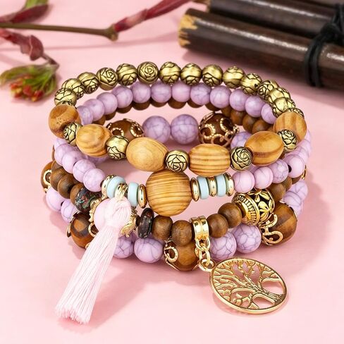 4 Pcs Bohemian Vintage Multilayer Tassel Elastic Bracelet Set, Natural Beads with Turquoise Accent, Handmade Jewelry for Women in Kuwait