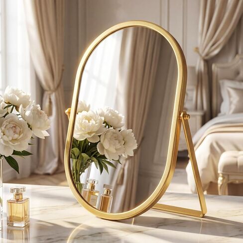 Nuanchu Vintage Gold Vanity Mirror with 360 Rotation Oval Tabletop Makeup Mirror Decorative Desktop for Bedroom Bathroom Dresser in Kuwait