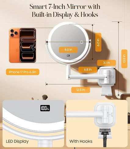 Gospire No Drilling Wall Mounted Lighted Makeup Mirror with Magnification 10X, 7 Inch Rechargeable Magnifying Vanity Mirror with Hooks, LED Display & 3 Light Modes for Bathroom in Saudi Arabia