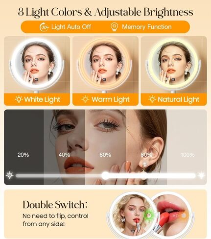 Gospire No Drilling Wall Mounted Lighted Makeup Mirror with Magnification 10X, 7 Inch Rechargeable Magnifying Vanity Mirror with Hooks, LED Display & 3 Light Modes for Bathroom in Saudi Arabia