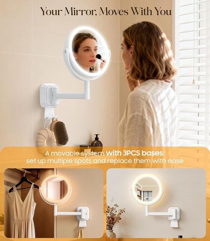 Gospire No Drilling Wall Mounted Lighted Makeup Mirror with Magnification 10X, 7 Inch Rechargeable Magnifying Vanity Mirror with Hooks, LED Display & 3 Light Modes for Bathroom in Saudi Arabia