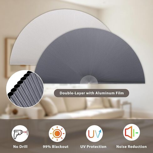 HESTIA No Drill Arch Window Cellular Shades, Cordless Blackout Honeycomb Easy Install Half Circle Shade with Thermal Insulation & UV Protection for Bedroom, Living Room,Grey,24" L x 48" W in Saudi Arabia