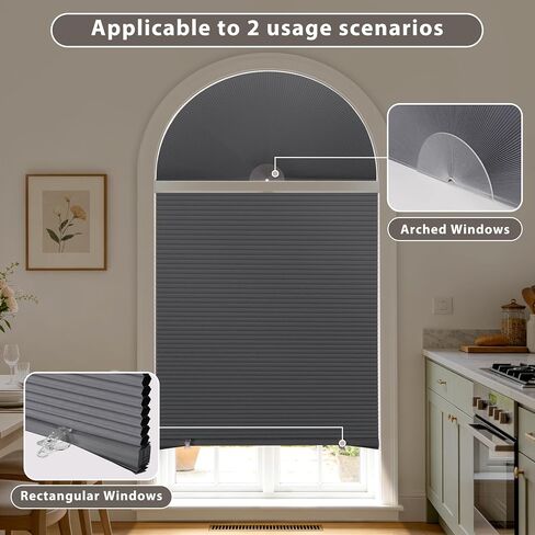 HESTIA No Drill Arch Window Cellular Shades, Cordless Blackout Honeycomb Easy Install Half Circle Shade with Thermal Insulation & UV Protection for Bedroom, Living Room,Grey,24" L x 48" W in Saudi Arabia