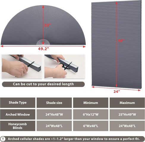 HESTIA No Drill Arch Window Cellular Shades, Cordless Blackout Honeycomb Easy Install Half Circle Shade with Thermal Insulation & UV Protection for Bedroom, Living Room,Grey,24" L x 48" W in Saudi Arabia