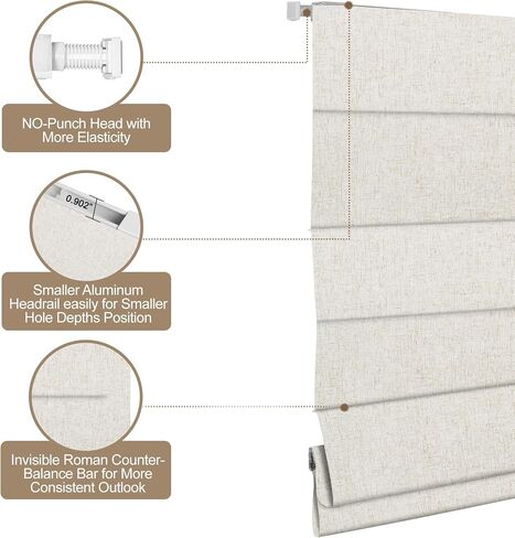 BERISSA No Drill No Tools Blackout Roman Shades for Indoor Windows Cordless, Tension Room Darkening Roman Blinds,Pull Down Window Shades for Home Office Easy to Install,60" W x 72" H,Linen Beige in Kuwait