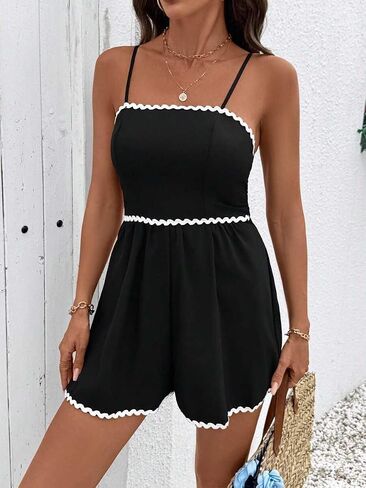 Women's Solid color with Lace Trim Spaghetti Strap Jumpsuit Casual Vacation Short Romper in Kuwait