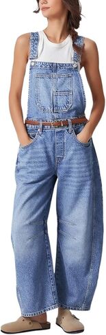 D-Sun Women's Y2K Denim Bib Overalls Baggy Barrel Leg Jumpsuit Loose Wide Leg Boyfriend Jean Romper in Saudi Arabia