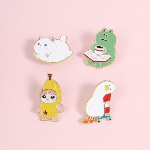 4Pcs Cute Meme Animal Enamel Pin Set Banana Cat Chonky Duck Frog Reading Lapel Pins Funny Cartoon Brooches for Bags Jackets Gift for Animal & Meme Lovers in Kuwait