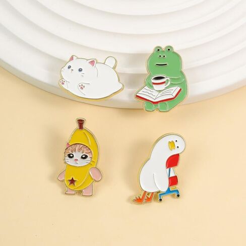 4Pcs Cute Meme Animal Enamel Pin Set Banana Cat Chonky Duck Frog Reading Lapel Pins Funny Cartoon Brooches for Bags Jackets Gift for Animal & Meme Lovers in Kuwait