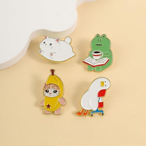 4Pcs Cute Meme Animal Enamel Pin Set Banana Cat Chonky Duck Frog Reading Lapel Pins Funny Cartoon Brooches for Bags Jackets Gift for Animal & Meme Lovers in Kuwait