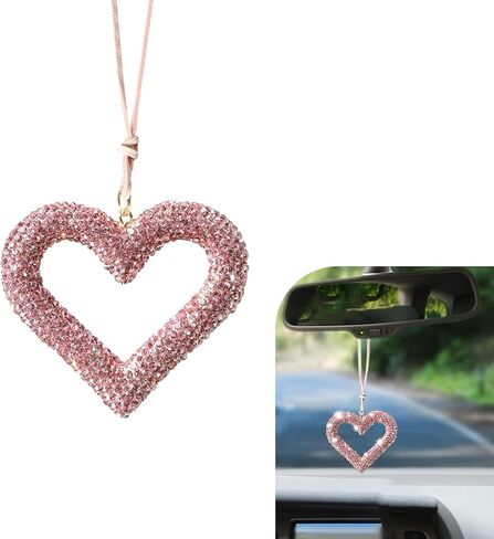Bling Heart Car Hanging Accessories, Crystal Rhinestone Rearview Mirror Hanging Ornaments, Cute Diamond Rear View Mirror Charm Pendant Ornaments, Auto Interior Decor for Women (Black) in Saudi Arabia