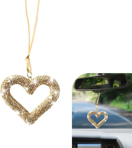 Bling Heart Car Hanging Accessories, Crystal Rhinestone Rearview Mirror Hanging Ornaments, Cute Diamond Rear View Mirror Charm Pendant Ornaments, Auto Interior Decor for Women (Black) in Saudi Arabia