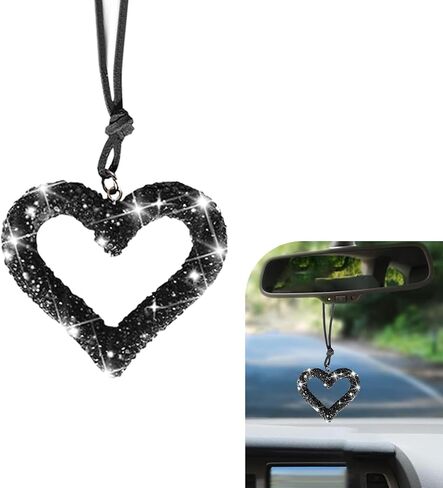 Bling Heart Car Hanging Accessories, Crystal Rhinestone Rearview Mirror Hanging Ornaments, Cute Diamond Rear View Mirror Charm Pendant Ornaments, Auto Interior Decor for Women (Black) in Saudi Arabia