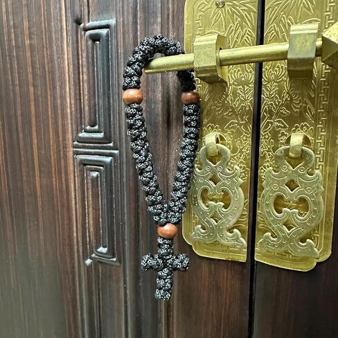 قطعة واحدة من حبل الصلاة الأرثوذكسية Chotki سوار مصنوع يدويًا 33 عقدة من خرزات الصلاة مع سحر متقاطع أسود حبل صلاة مسيحي أرثوذكسي للرجال والنساء هدية روحية للمنزل والسفر in Kuwait