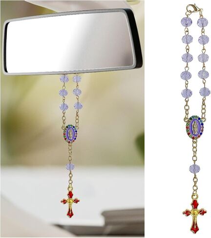 Car Rosary for Rearview Mirror Hanging, Crucifix Cross Mirror Blessing Pendant with Virgin Mary Charm, Religious Car Interior Hanging Decoration Presents Accessories for Women Men(Black) in Saudi Arabia