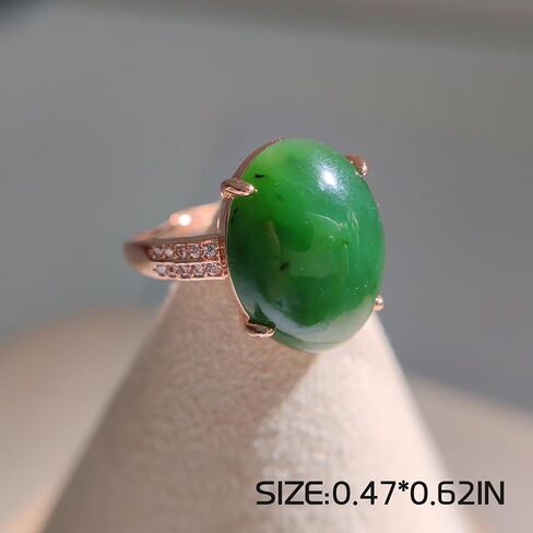 URED Genuine Natural Green Hetian Jade Oval Ring for Women Good Lucky Feng Shui Wealth Adjustable Silver-Tone Band Green Jade Ring Prosperity & Protection Healing Crystal Energy for Woman Mother Wife Birthday Gift May Birthstone in Saudi Arabia