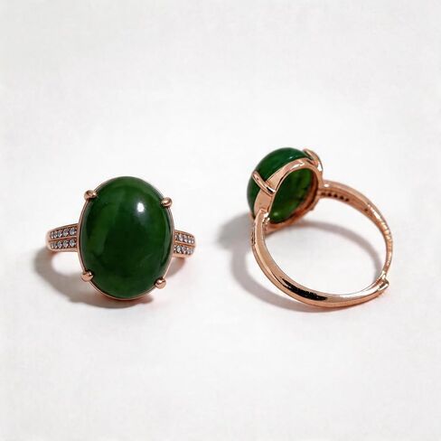 URED Genuine Natural Green Hetian Jade Oval Ring for Women Good Lucky Feng Shui Wealth Adjustable Silver-Tone Band Green Jade Ring Prosperity & Protection Healing Crystal Energy for Woman Mother Wife Birthday Gift May Birthstone in Saudi Arabia