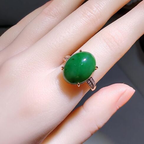 URED Genuine Natural Green Hetian Jade Oval Ring for Women Good Lucky Feng Shui Wealth Adjustable Silver-Tone Band Green Jade Ring Prosperity & Protection Healing Crystal Energy for Woman Mother Wife Birthday Gift May Birthstone in Saudi Arabia