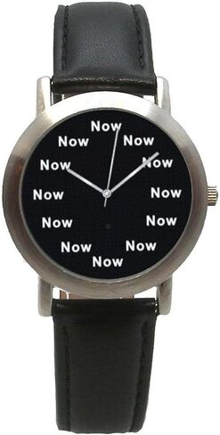 Now is The Time on The Black Dial of The Medium Size Brushed Chrome Watch with a Black Leather Strap in Saudi Arabia