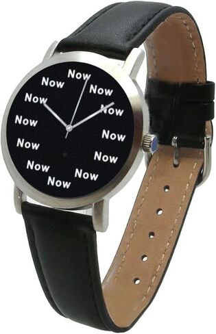 Now is The Time on The Black Dial of The Medium Size Brushed Chrome Watch with a Black Leather Strap in Saudi Arabia