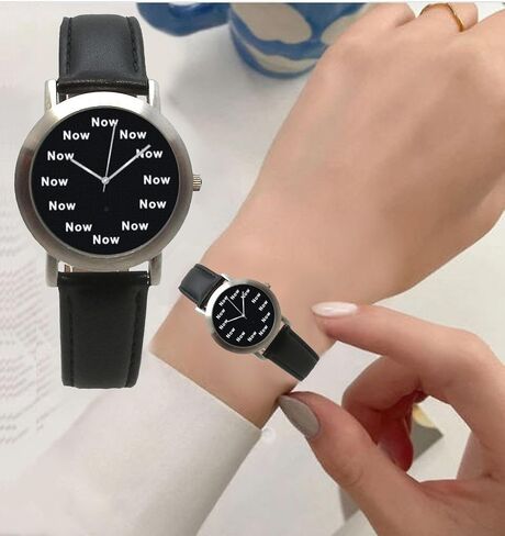 Now is The Time on The Black Dial of The Medium Size Brushed Chrome Watch with a Black Leather Strap in Saudi Arabia