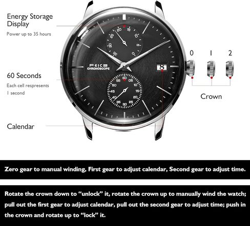 FEICE Men's Automatic Watch Mechanical Watch Stainless Steel Leather Band Watches Analog Curved Mirror Brushed Finish Casual Dress Watches for Men FM212 (Black) in Kuwait