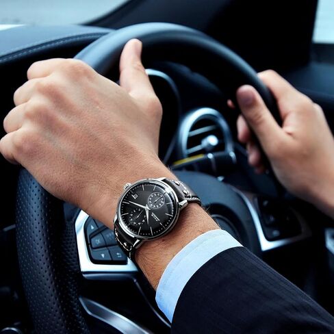 FEICE Men's Automatic Watch Mechanical Watch Stainless Steel Leather Band Watches Analog Curved Mirror Brushed Finish Casual Dress Watches for Men FM212 (Black) in Kuwait