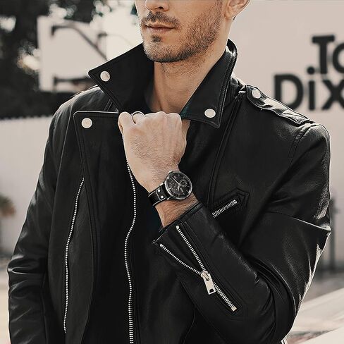 FEICE Men's Automatic Watch Mechanical Watch Stainless Steel Leather Band Watches Analog Curved Mirror Brushed Finish Casual Dress Watches for Men FM212 (Black) in Kuwait