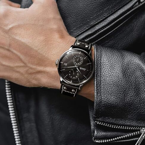 FEICE Men's Automatic Watch Mechanical Watch Stainless Steel Leather Band Watches Analog Curved Mirror Brushed Finish Casual Dress Watches for Men FM212 (Black) in Kuwait