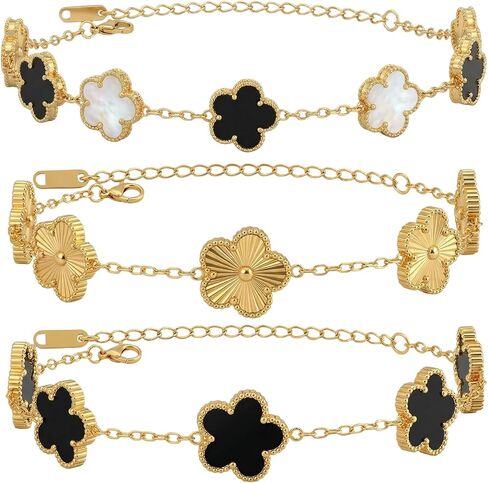 18K Gold Plated Four Leaf Clover Bracelet Set for Women, 3PCS Black, Black & White, Gold Clover Bracelets, Stainless Steel Lucky Jewelry for St. Patrick's Day, Daily Wear in Saudi Arabia