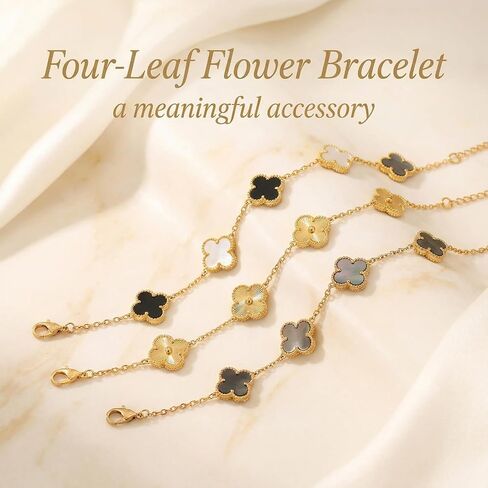 18K Gold Plated Four Leaf Clover Bracelet Set for Women, 3PCS Black, Black & White, Gold Clover Bracelets, Stainless Steel Lucky Jewelry for St. Patrick's Day, Daily Wear in Saudi Arabia