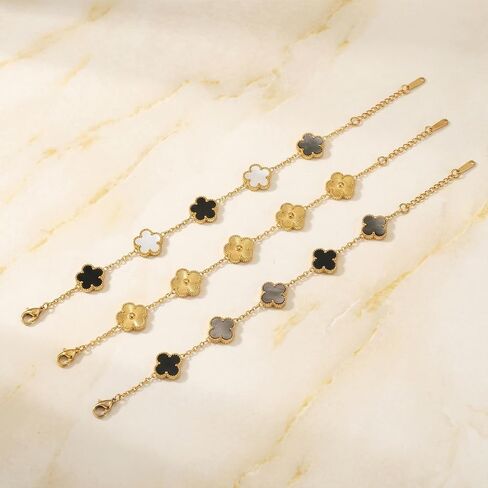 18K Gold Plated Four Leaf Clover Bracelet Set for Women, 3PCS Black, Black & White, Gold Clover Bracelets, Stainless Steel Lucky Jewelry for St. Patrick's Day, Daily Wear in Saudi Arabia
