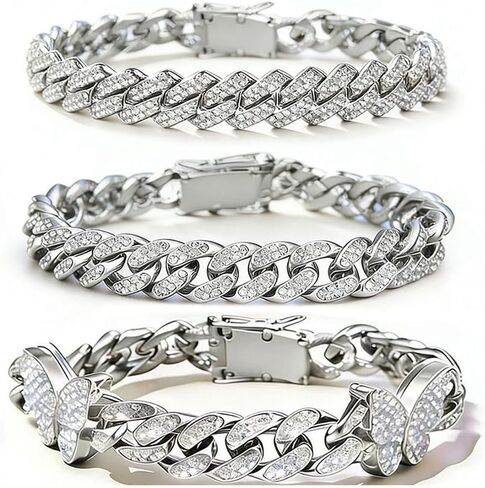 Gold Silver Butterfly Cuban Bracelet Set, Round Rhinestone Layered Beach Style Fashion Jewelry for Women in Saudi Arabia