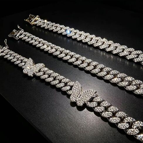 Gold Silver Butterfly Cuban Bracelet Set, Round Rhinestone Layered Beach Style Fashion Jewelry for Women in Saudi Arabia