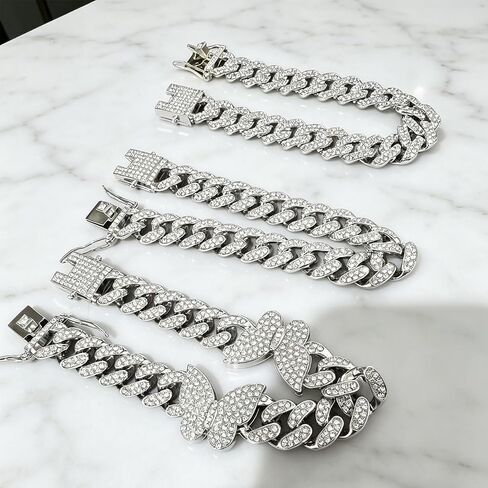 Gold Silver Butterfly Cuban Bracelet Set, Round Rhinestone Layered Beach Style Fashion Jewelry for Women in Saudi Arabia