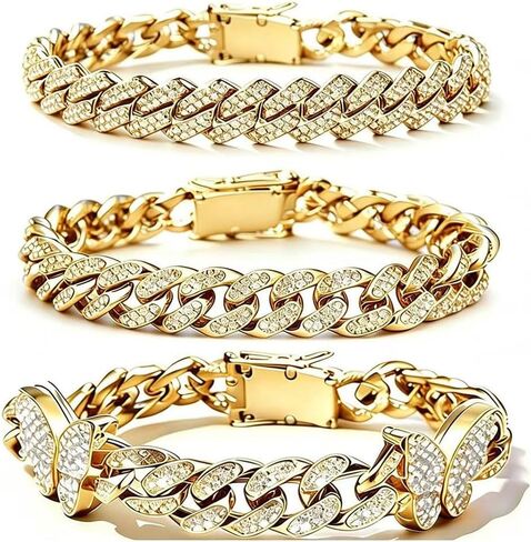 Gold Silver Butterfly Cuban Bracelet Set, Round Rhinestone Layered Beach Style Fashion Jewelry for Women in Saudi Arabia