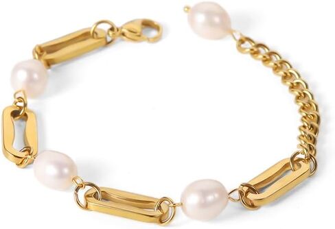 Baroque Irregular Natural Freshwater Pearl Braclet Women's Stainless Steel 18k Gold Plated Niche Ins Retro Thick Chain Geometric Chain Bracelet in Saudi Arabia