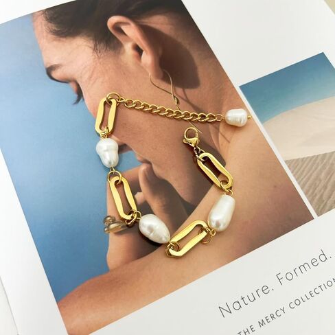 Baroque Irregular Natural Freshwater Pearl Braclet Women's Stainless Steel 18k Gold Plated Niche Ins Retro Thick Chain Geometric Chain Bracelet in Saudi Arabia