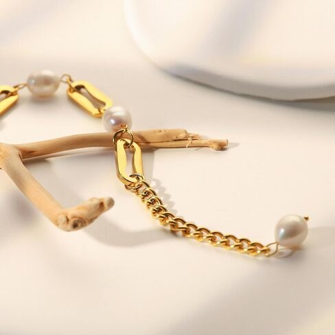Baroque Irregular Natural Freshwater Pearl Braclet Women's Stainless Steel 18k Gold Plated Niche Ins Retro Thick Chain Geometric Chain Bracelet in Saudi Arabia