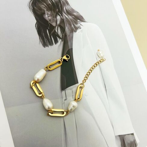 Baroque Irregular Natural Freshwater Pearl Braclet Women's Stainless Steel 18k Gold Plated Niche Ins Retro Thick Chain Geometric Chain Bracelet in Saudi Arabia