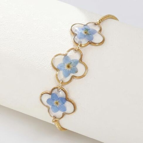 Triple Forget-Me-Not Flower Bracelet, Gold Adjustable Box Chain, Pressed Botanical Jewelry, Sentimental Keepsake for Women (Gold) in Saudi Arabia