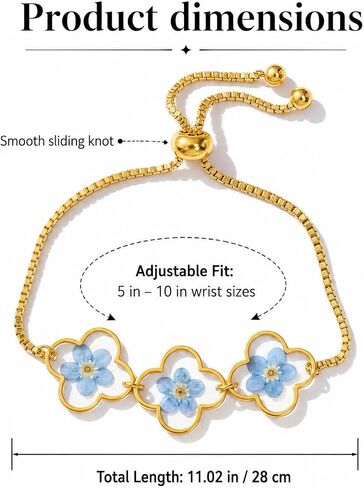 Triple Forget-Me-Not Flower Bracelet, Gold Adjustable Box Chain, Pressed Botanical Jewelry, Sentimental Keepsake for Women (Gold) in Saudi Arabia
