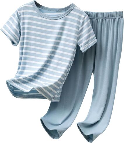 Umeyda Boys's Summer Pajamas Striped Short Sleeved+Long Pants Sets Modal Pjs in Kuwait